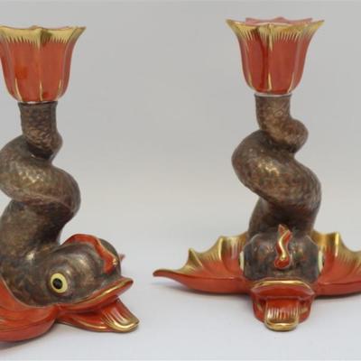 Pair of Herend Hand Painted with Gilt accents Dolphin Form Candlesticks. Good condition, both hallmarked, one 7932 the other 7933,  each...