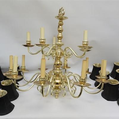 American 20th c. Good Quality Solid Brass 15 Light Chandelier. Light measures 27