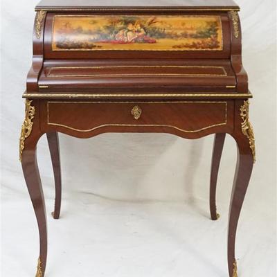 20th century, Louis XV style ormolu mounted mechanical cylinder lady's desk. Vernis Martin style paint decorated cylinder depicting...