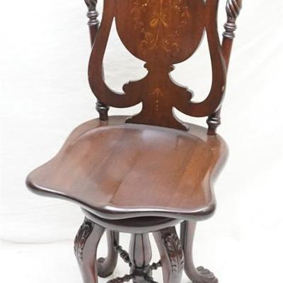 Ornate heavily carved, paw foot, inlaid marquetry musician's chair. Adjustable, inlaid marquetry musical instrument splat. thick plank...
