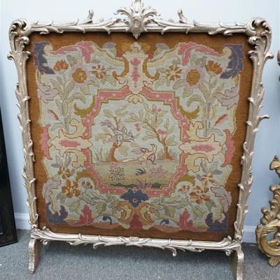 Ornate Gilt Wood and Gesso Tapestry Fire Screen. Birds, Flowers and Foliage. Measures 34