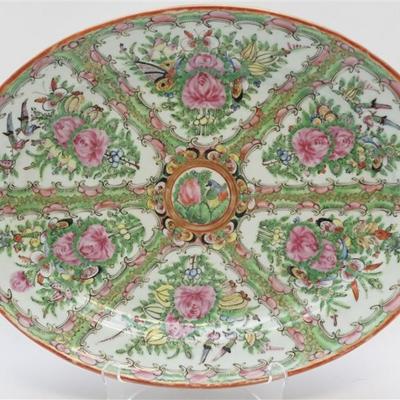 Large Early 20th c. Chinese Export Rose Canton Platter. Six Hand Painted Floral Medallions with Birds, Flowers and Butterflies surround a...