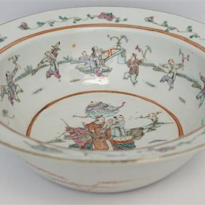 Antique Chinese Export Porcelain Hand Painted Large Bowl. Qing Dynasty. Center with a family on a Chi Lin. The Chi Lin is a mythical...
