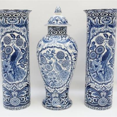 Three Piece Delft blue garniture set by Societe Ceramique Maestricht c. 1900. The pattern is 