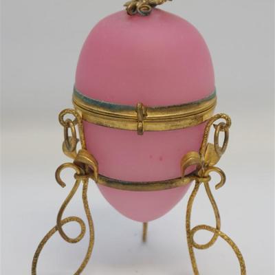 Stunning collectible Antique French pink Opaline glass egg in gilded mount, inside fitted to hold perfume bottle, the perfume bottle made...
