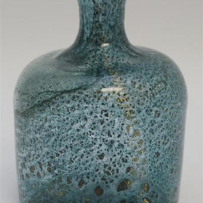 Mid Century Italian Murano Blown Glass Blue Bottle Vase with Gold Flecks. Good condition
