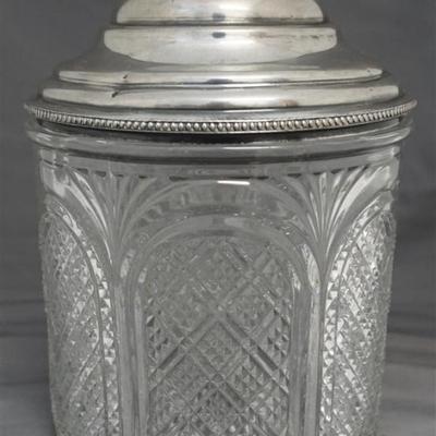 EAPG Diamond Point Arch Biscuit / Cracker Jar. Silver Plated Lid.