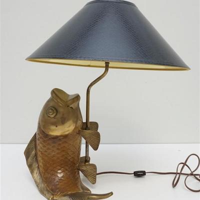 Whimsical c. 1981 cast brass lamp made by Chapman. This hard to find model is the jumping carp lamp with original black scaled shade. The...