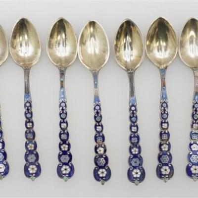 Antique 1893 Gorham  Sterling Silver Champleve Enamel Demitasse Set with Sugar Tongs. 10 Spoons each 3 2/8