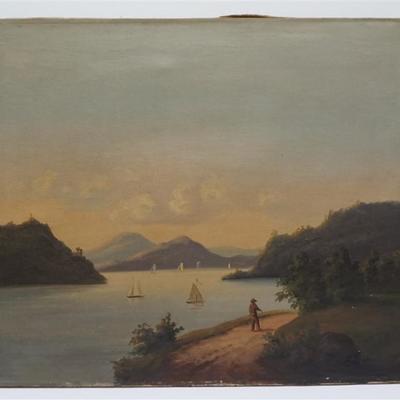 Oil on canvas. 19th c. American Primitive New England Coastal Landscape. Unframed. Measures 30