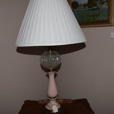 Pair of 1950's pink porcelain and glass lamps by Paul Hanson Co., Inc.