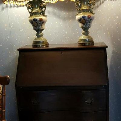 Antique Secretary Desk and Antique Lamps