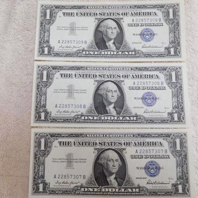 3 - 1957 Silver Certificates Consecutive Serial Numbers