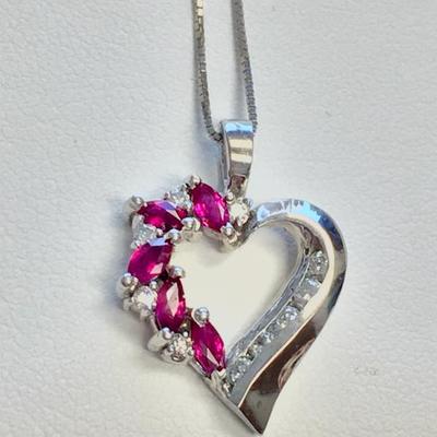 White Gold & Rubies Heart-Shape Necklace  