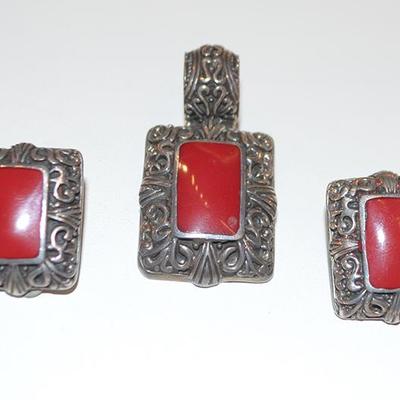 Mexico silver & red coral pendant and earrings set