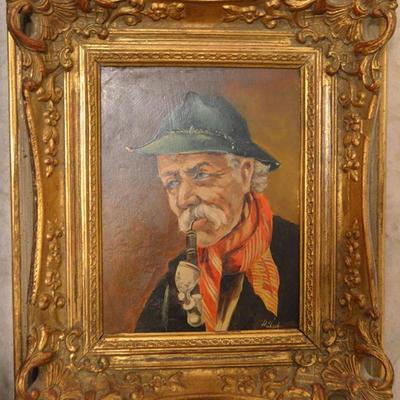 Oil on board of Bavarian man smoking pipe, signed Hubsch