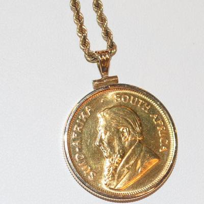 1/2 ounce fine gold South African 1980 coin on 14K yellow gold chain
