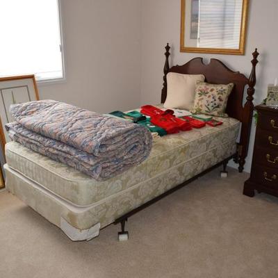 Ethan Allen headboard, dresser, bed, comforter, artwork