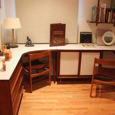 Mid-century 6-piece modular desk, drawers and cabinet set, mid-century chairs. Pieces to be sold individually. 

(Check other photo for...