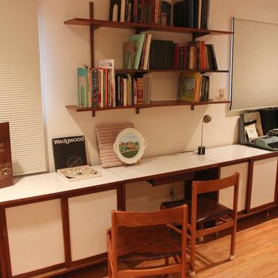 Mid-century 6-piece modular desk, drawers and cabinet set, mid-century chairs. Pieces to be sold individually.

(Check other photo for...