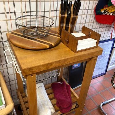 Wood kitchen cart, knife block, lazy suzan, brand new oven mitts