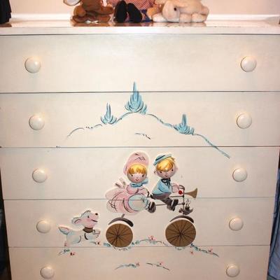 Vintage child's dresser with hand-painted illustration, vintage Raggedy Andy doll, Ty Beanie rabbit