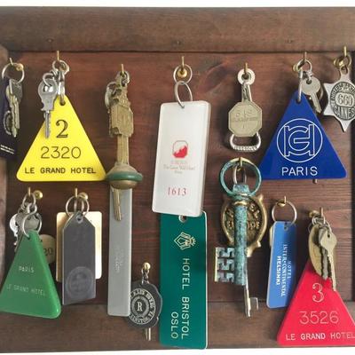 Collection of international hotel keys, a unique and interesting piece of decorative art. 