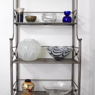 Art glass pieces, including Lalique and Steuben; decorative metal shelf unit.