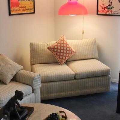 Mid-century hanging lamp, vintage love seat (see other photo for matching full length sofa)