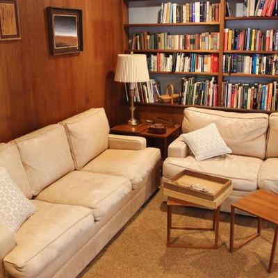 Leather Sofa & matching Love Seat, Mid-Century nesting tables, brass table lamp.  Hundreds of art, entertainment and historical books and...