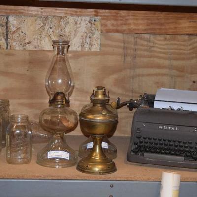 Royal typewriter, vintage hurricane lamps