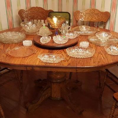 Solid oak table and chair with vintage glass