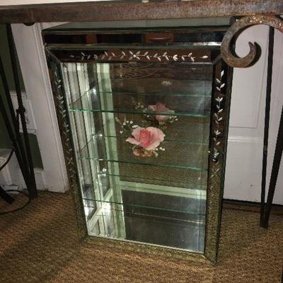 Venetian glass display cabinet, can be placed on a tabletop or hung on the wall. Also, Boehm rose figure.