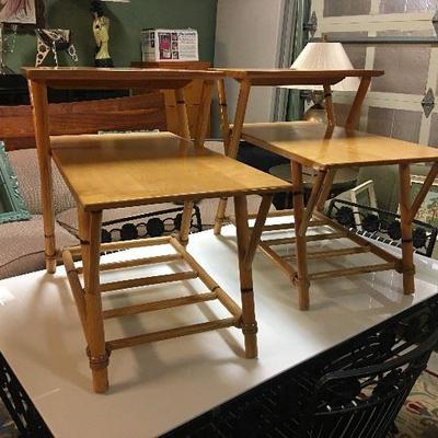 Pair of Heywood Wakefield step end tables with rattan accents