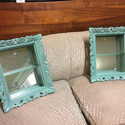 Pair of adorable 1940s shadowboxes painted a soft teal color