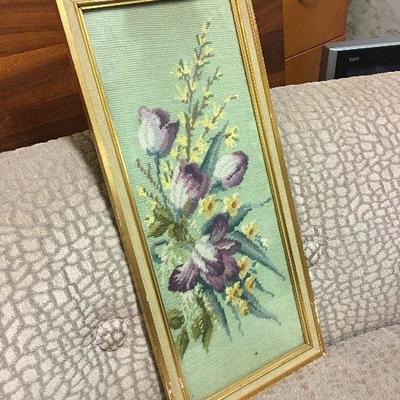 Needlepoint picture of purple tulips