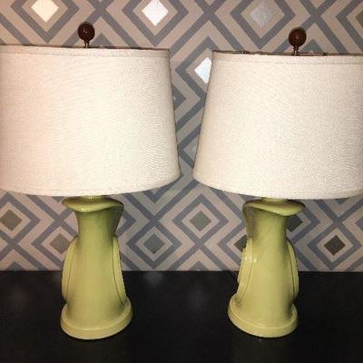 Pair of 1940s pottery lamps with newer shades, finials, wiring