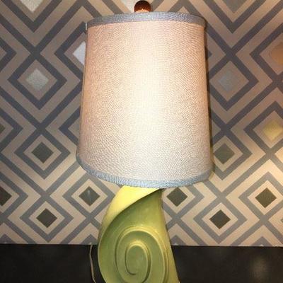 One of the pair of 1940s pottery lamps with newer shades, finials, wiring (side view)