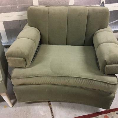 Two of two mid-century modern club chairs newly upholstered in a soft sage green fabric. These are fantastic chairs!