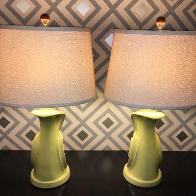 Pair of 1940s pottery lamps with newer shades, finials, wiring (lighted)