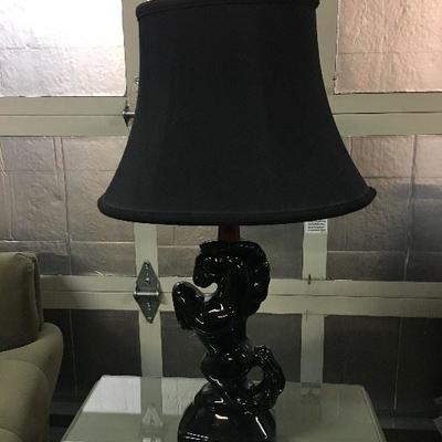 Black pottery horse lamp with new shade, finial, wiring