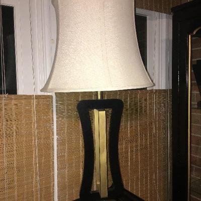 1950s brass and black painted wood lamp with new lamp shade, new black glass and brass finial, new wiring