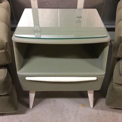 Heywood Wakefield Encore series nightstand professionally painted in a soft green and cream. Also included is the custom cut glass top.