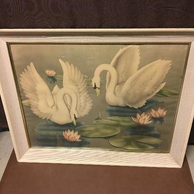 Lovely 1940s airbrushed framed art of swans and lily pads