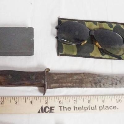 Hunting Knife, Sharpening Stone and Sunglasses w/ ...