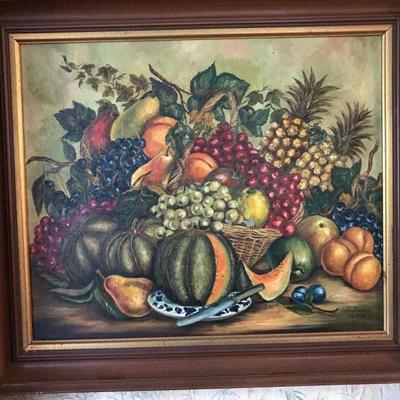 Original Oil â€˜Still Life with Fruitâ€ by J. Madren â€˜72
(24â€w x 20â€h image size) $190