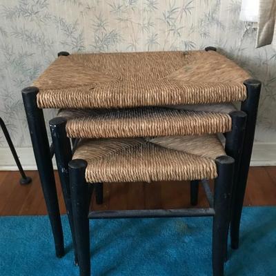 Three Piece 1960â€™s Nesting Stools w/Rush Seats & Black Painted Wood Legs & Stretchers 
(19.5â€w x 18â€h x 15.5â€d overall)  $200