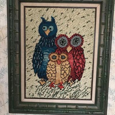 Tufted Needlework â€˜Three Owlsâ€™ Framed (17â€w x 23â€h image size)  $60