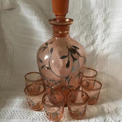 Antique Pink Glass Decanter w/Silver Overlay (10”h - including stopper) & Six Cordials $70 (set)