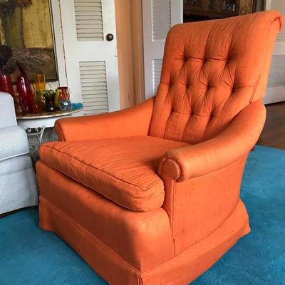 70’s Retro Tufted Back Club Chair w/Original ‘Antique Silk’ Orange Upholstery (33”w x 37”h x 36”d) $120